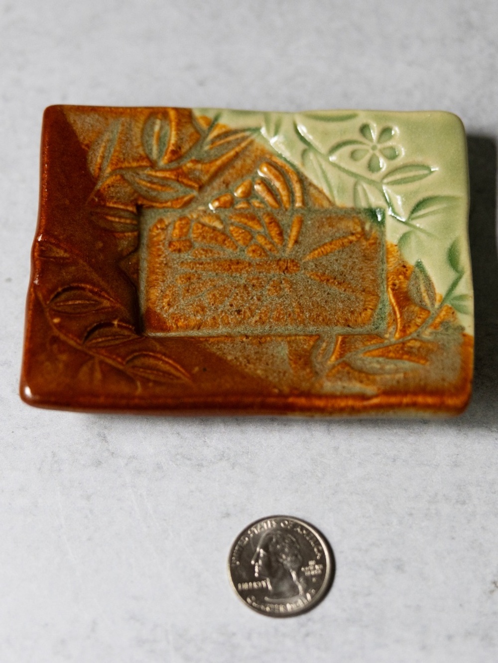 Kent Follette Pottery Rectangular Dish Plate Mini Small Green Brown Floral